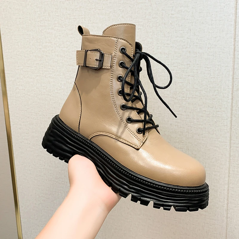 2023 New Shoes for Women Mid-Calf Lace-up Women's Boots Platform Fretwork Heels Winter Ladies Boots Round Toe Shoes Ladies