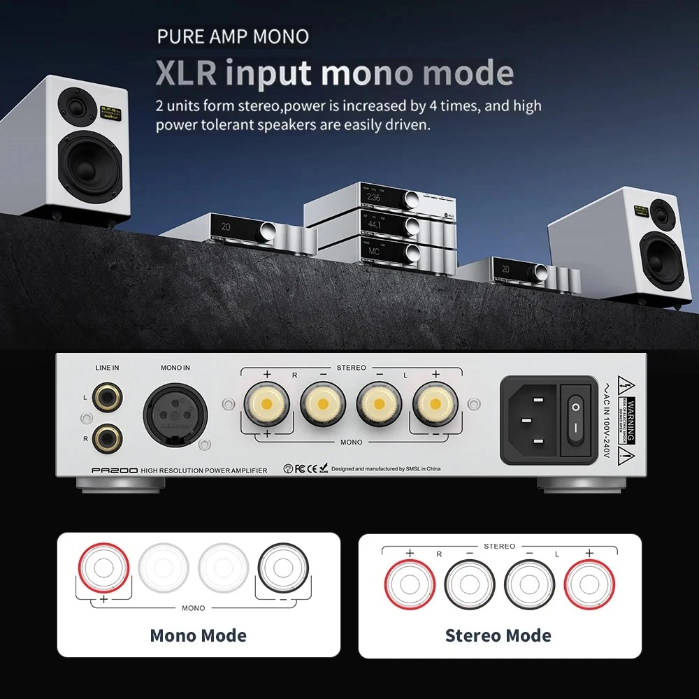 SMSL PA200 갈륨 질화물 파워 앰프 XLR 모노 입력 모드 스테레오 순수 앰프 오디오 등급 패스스루 모드 고출력