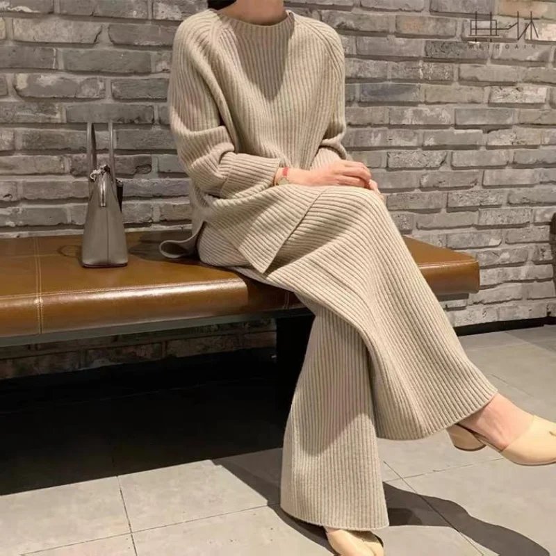 2023 Autumn Winter Knitted Sweater Two-Piece Set Women Turtleneck Top Warm Thick Pants Suits Female Casual Pullover Tracksuits