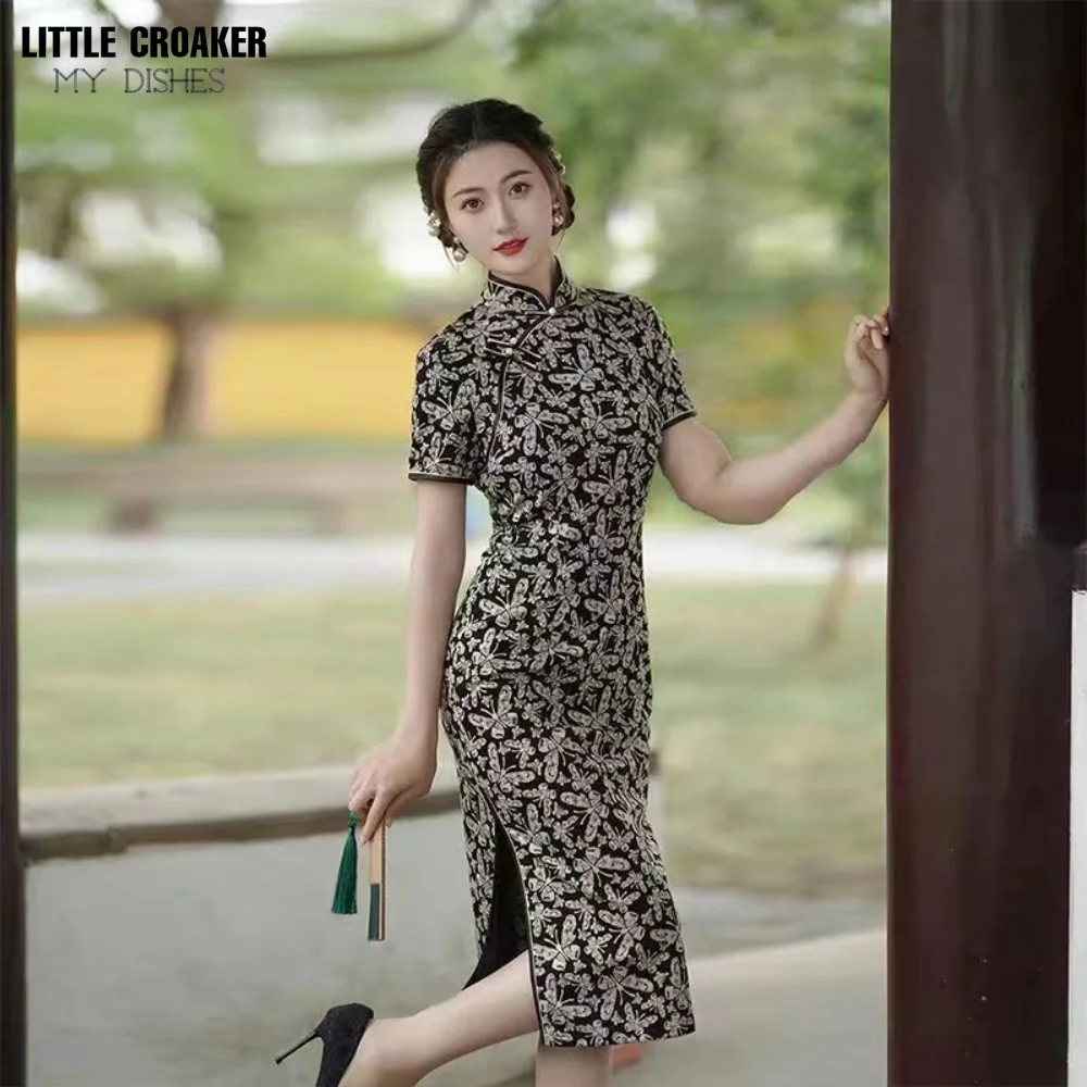 

Short Sleeved Summer Cheongsam Qipao Improved High-end Slim Fit Slimming Belly Covering Versatile Buttocks Wrapped Split Dress