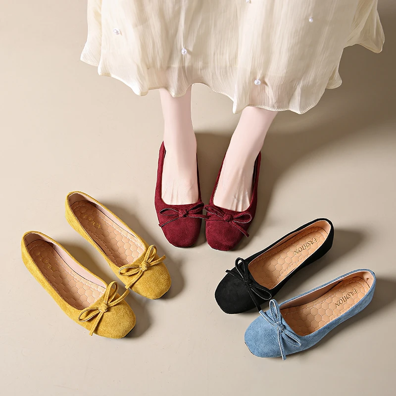 Aphixta Classic Suede Soft Sole Shallow Woman Shoe Yellow Loafers Spring Woman Fashion Shoes Sweet Bow Flat With Shoes For Woman