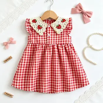 Baby Girl Dress Summer Red Checkered Cotton Girl Dress Cute Strawberry Lapel Girl Beach Dress