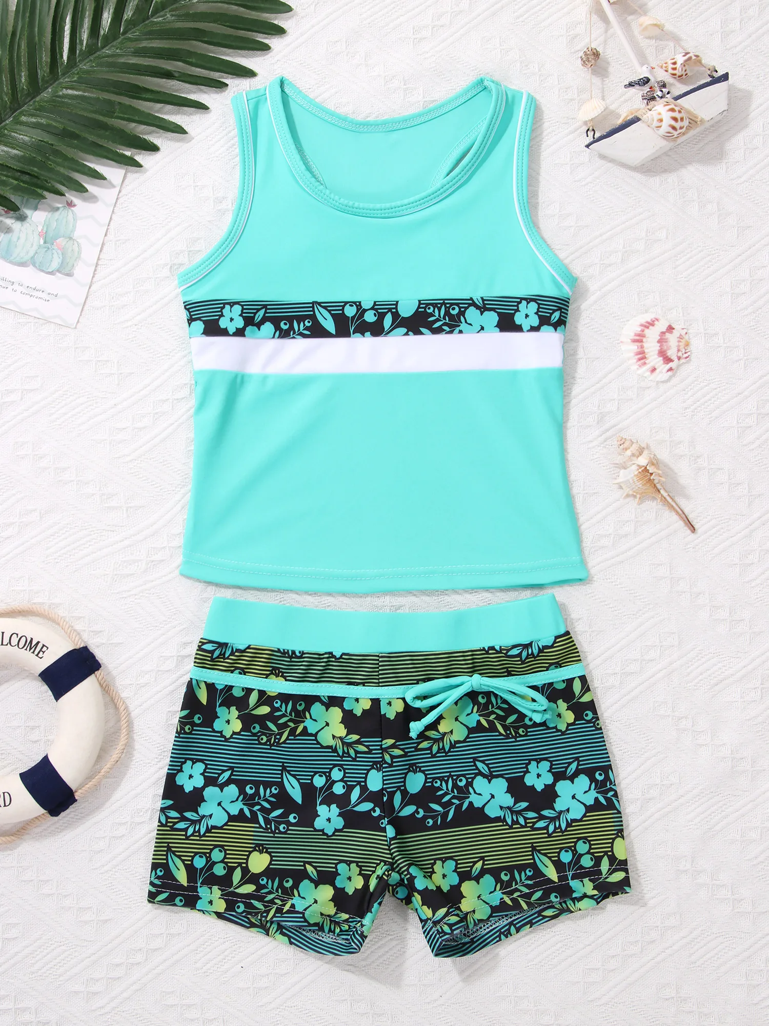 Children Swimwear Girl Two piece Swimsuit Summer Kids Bikini Bathing Suit Tankini Sport Vest Tops with Bottoms Shorts 6-14