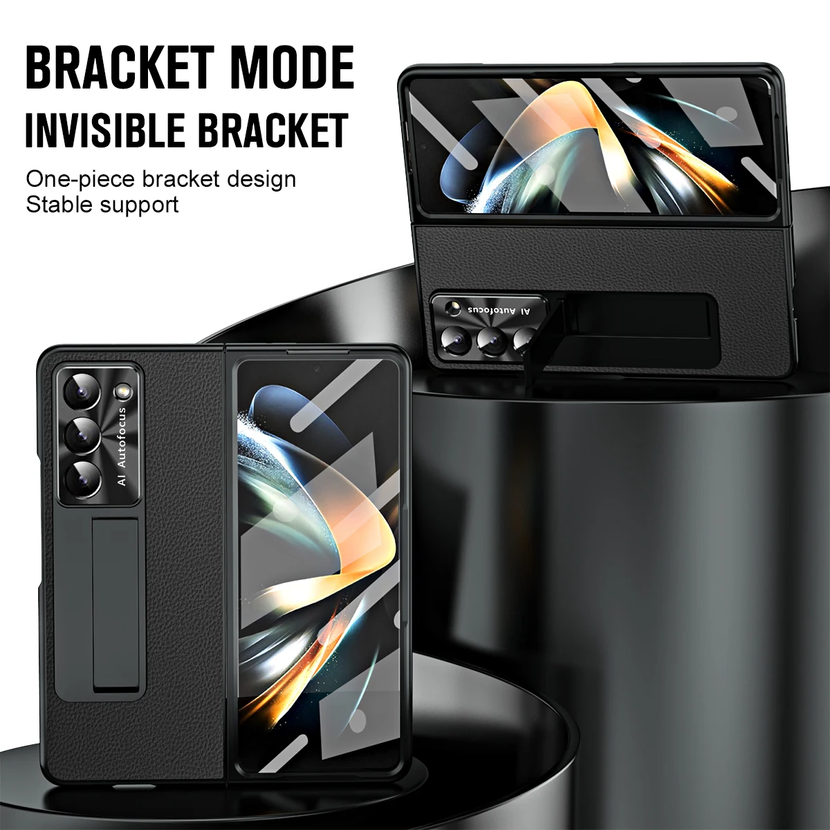 For Samsung Galaxy Z Fold 5 Case Shell Film Integrated Electroplating Leather Bracket Folding Hinge Pen Slot Shockproof Cover