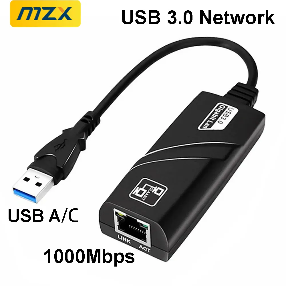 MZX 기가비트 네트워크 카드 1000Mbps 1G 유선 USB 3.0 유형 C A Rj45 Lan 이더넷 어댑터 네트워킹 컴퓨터 PC 노트북 액세서리