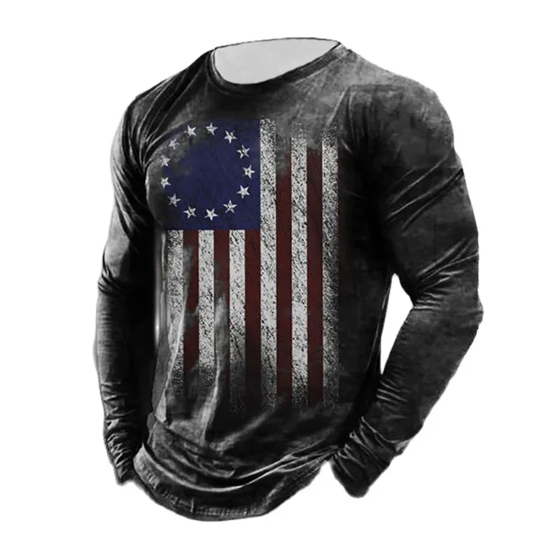 Spring Autumn Men's 3d Letter Print American Flag Long Sleeve T Shirt Street Trend O Neck 2022 Vintage Shirt Plus Size Pullover