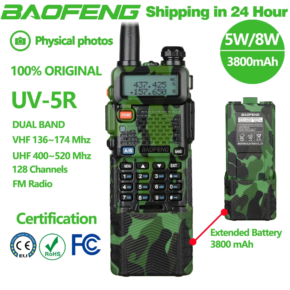 Baofeng 3800mAh 5W/8W Original UV5R Walkie Talkie Dual Band 136-174Mhz 400-520Mhz Portable Two Way Radio Pofung HF Transceiver tyt th uv8000d 10w walkie talkie dual band 136 174mhz