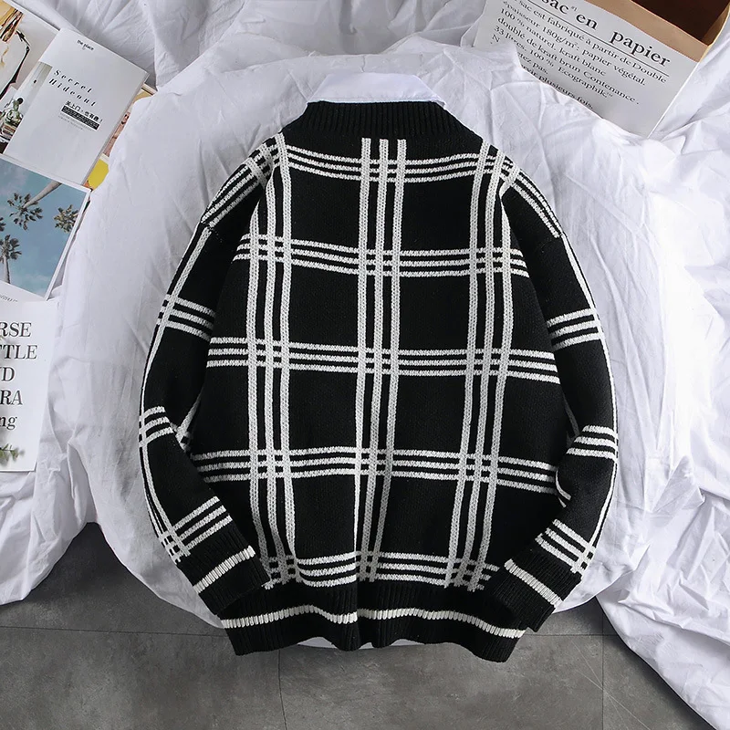 Black and White Plaid Knit Shirt Men's Lazy Style Loose and Thick Sweater Color Matching Student Couple Cardigan Jacket 2023 New
