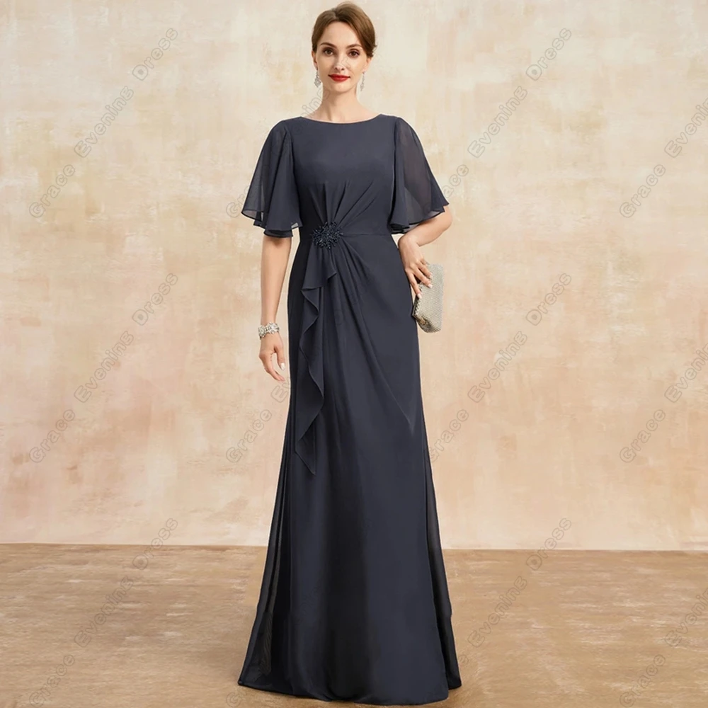 Mother of Bride Dresses Women Scoop Sheath Beach Wedding Party Dresses Chiffon Half Sleeve Beading