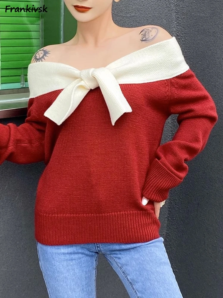 

Slash Neck Sweaters Women Contrast Color Bow Design Temperament Elegant American Style Chic Fashion Tender Ladies Clothing Ins
