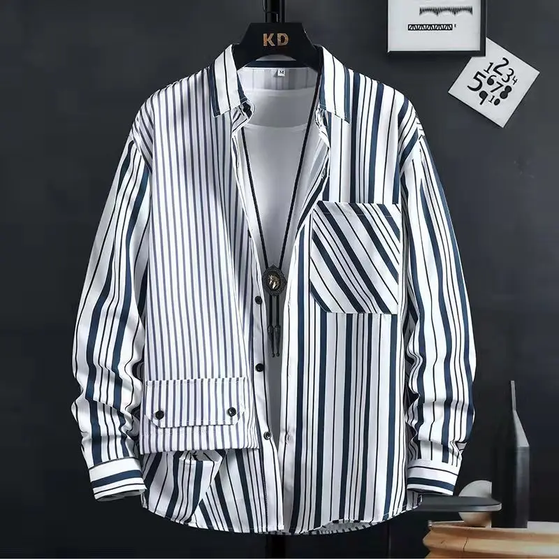Fashion Lapel Spliced Pockets Casual Striped Shirts Men's Clothing 2023 Autumn Winter Oversized All-match Tops Korean Shirts
