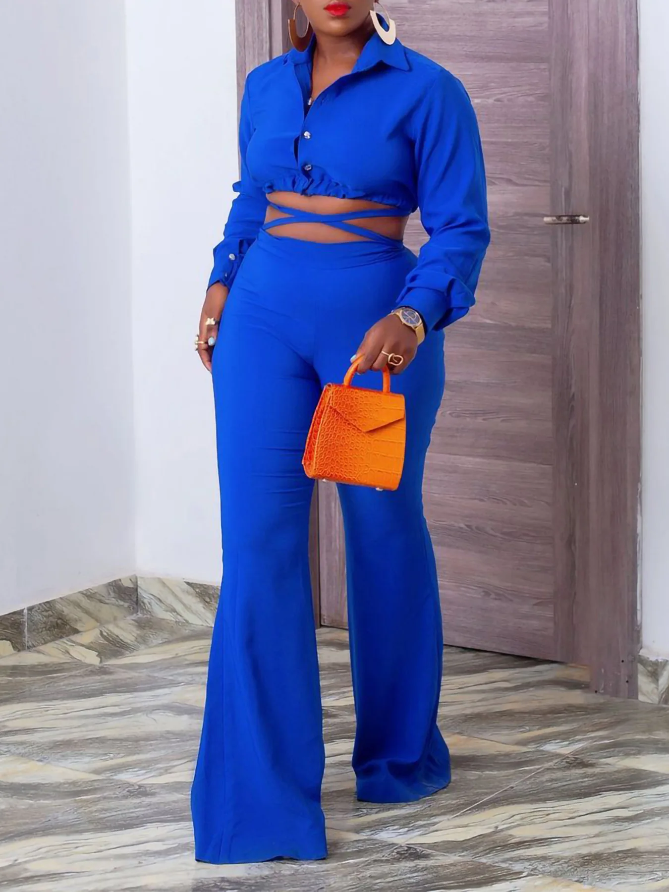 

2024 new plus-size fashion temperament lapel shirt high-waisted flared pants suit
