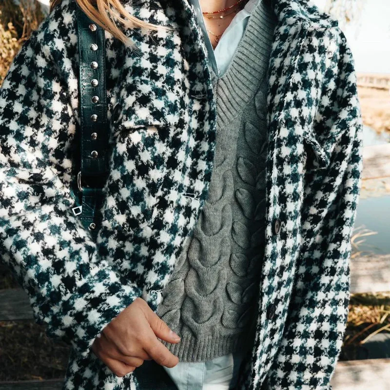 Women Autumn Plaid Jacket Check Houndstooth Lapel Collar Coat Winter Female New Full Sleeves Single Breasted Outerwear Classic