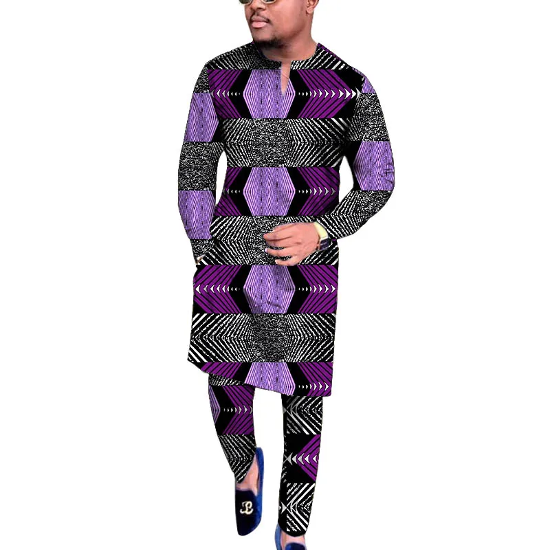 V Neck Design Tops Patch Waist Pants African Men Set Nigerian Fashion Party Outfits