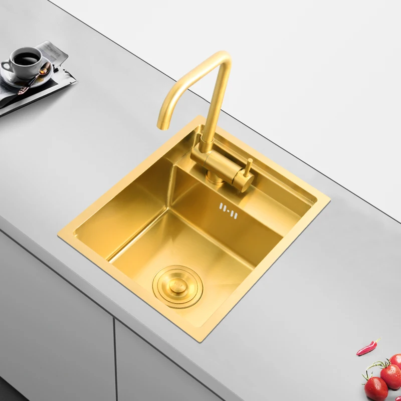 

Gold nano 304 stainless steel bar counter invisible sink with cover plate hidden island sink small single slot