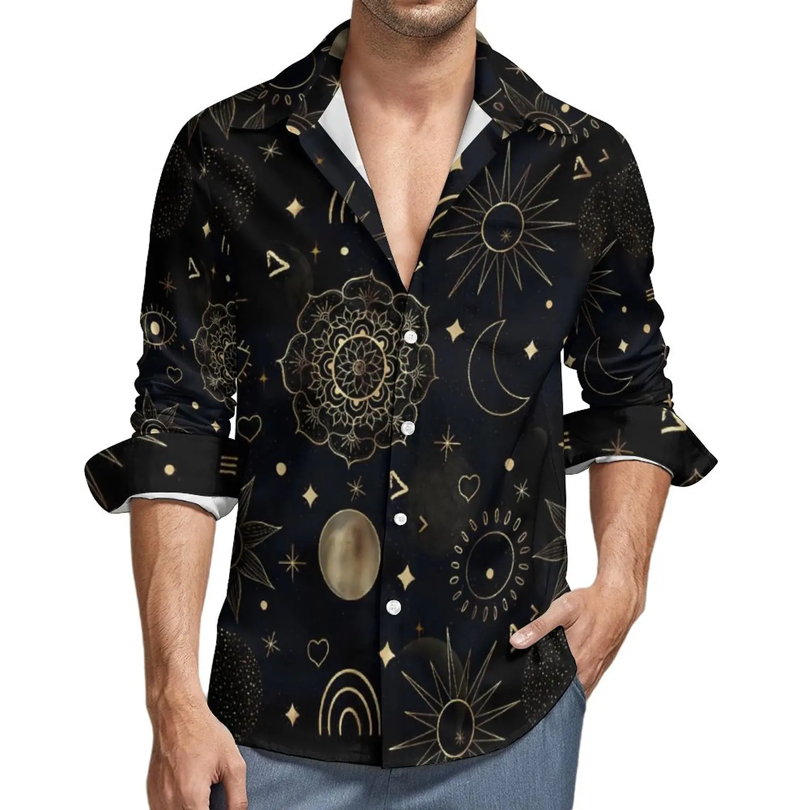 

Sun Moon Shirt Male Boho Gold Space Casual Shirts Autumn Aesthetic Custom Blouses Long Sleeve Trending Oversize Clothes Present