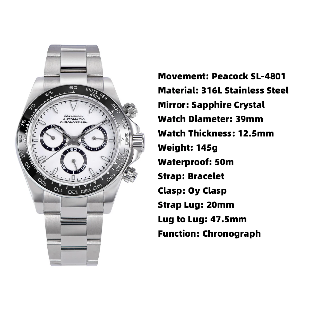 Sugess Panda Chronograph Movement Automatic Mechanical Chronograph Wristwatch Waterproof Diving Men Watches Ceramic Bezel Tona 6