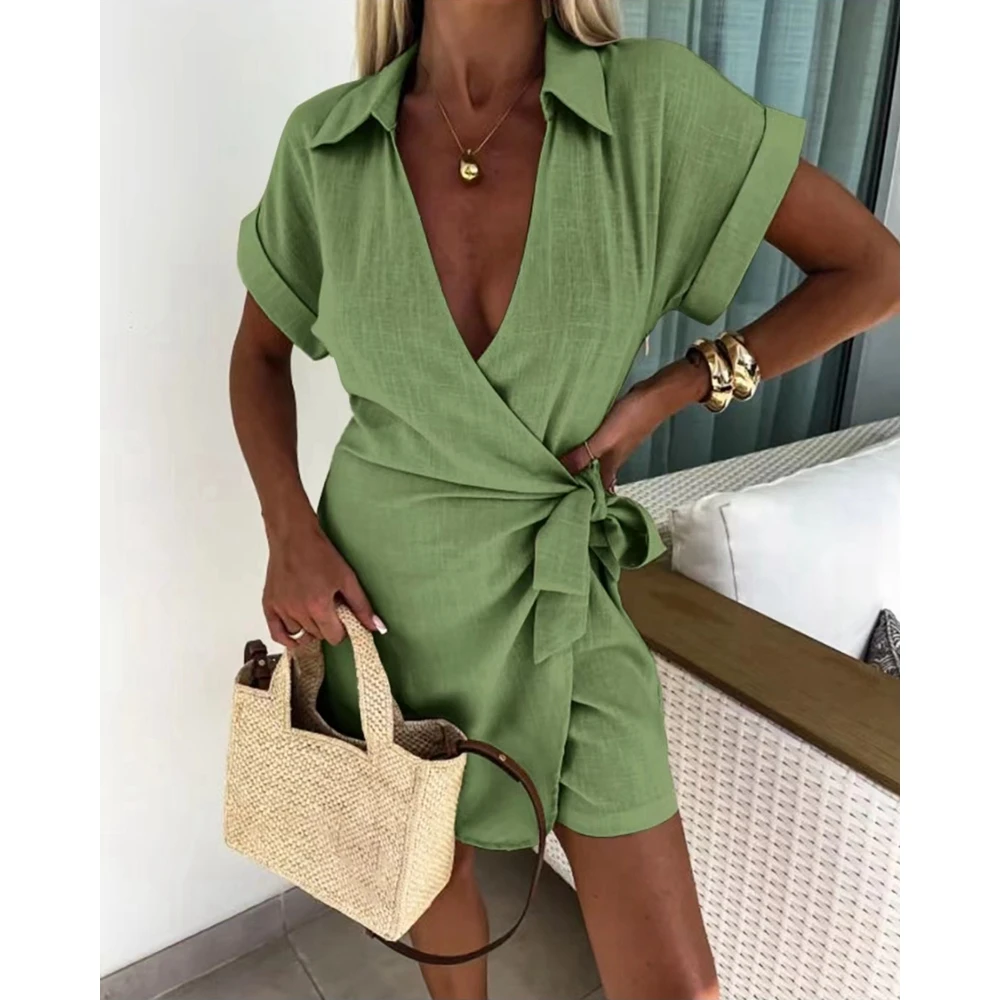 New In Shorts Playsuit Summer Women Short Sleeve V Neck Rompers Casual Turn-down Collar Lace-up One Piece Outfits Streetwear y2k