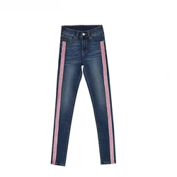 2023 European Women Jeans Side Stripe Pink Washed Slim Elastic Mid Waist Full Length Pencil Pants Fashion New Denim Pants