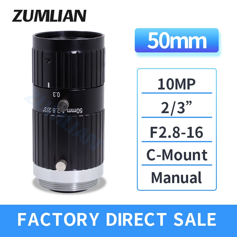 

ZUMLIAN C-Mount 50mm High Resolution FA 10MP Machine Vision Lens 2/3 Inch Aperture F2.8 Manual Focus Industrial Camera Iris CCTV