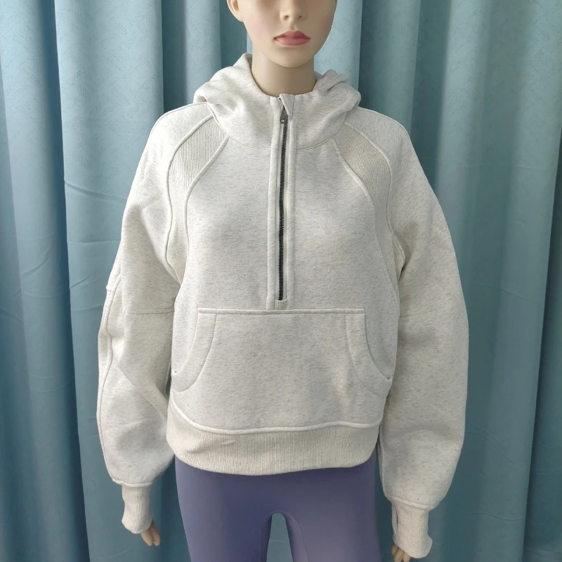 

Lululu Women's Logo Slim Yoga Versatile Cotton Small Body Sweater Women's Plush Hooded Half Zipper Sweater