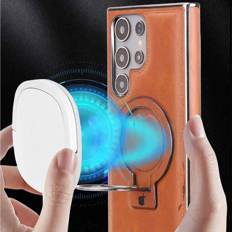 Magnetic Metal Car Bracket Ring Leather Phone Case - Solid Color Matte, Shockproof Cover