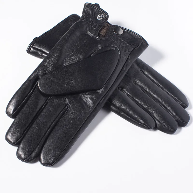 Men's Genuine Leather Gloves Real Sheepskin Touch Screen Gloves Button Wool Lining Winter Mittens GSM050