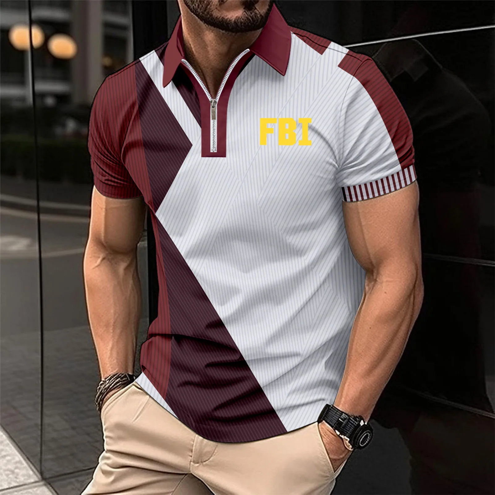 Description Picture 3 of itemPOLO shirt mens FBI print Color contrast striped casual men's shirt High quality breathable cool 3d POLO shirt Oversized T-shirt