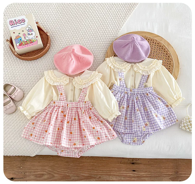 Puppe Kragen Langarm Baby Mädchen Top Zwei Stück Set Niedlichen Tier Gedruckt Hosenträger Shorts Neugeborenen Kinder Set Süße Kleidung – Detail 9