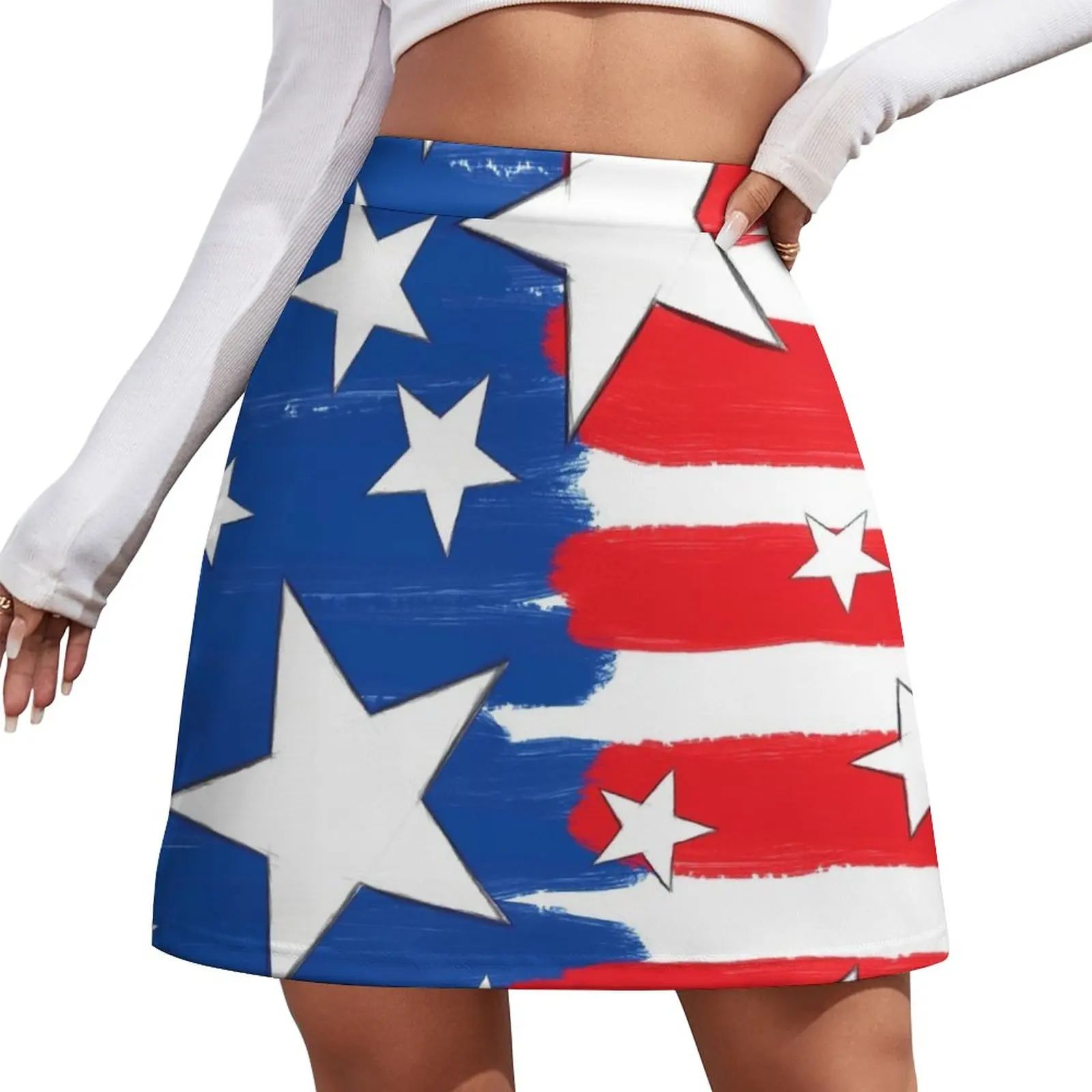 

Brushed Styled Red White Blue and Stars Mini Skirt night club women korean clothes ladies women's stylish skirts