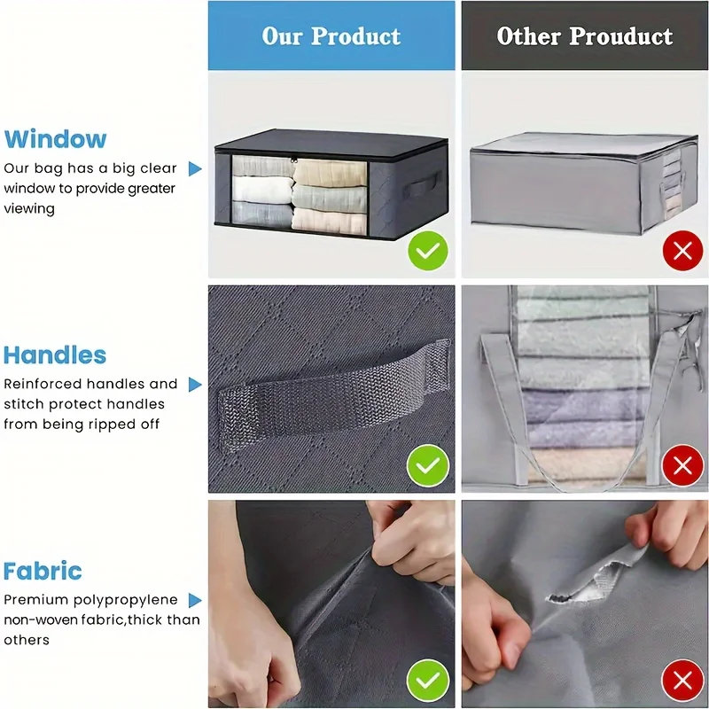 Foldable PVC Window Storage Bags, 3-Layer Non-Woven Fabric No Handles, Zipper Closure Transparent Clothes and Blanket Organizer 5