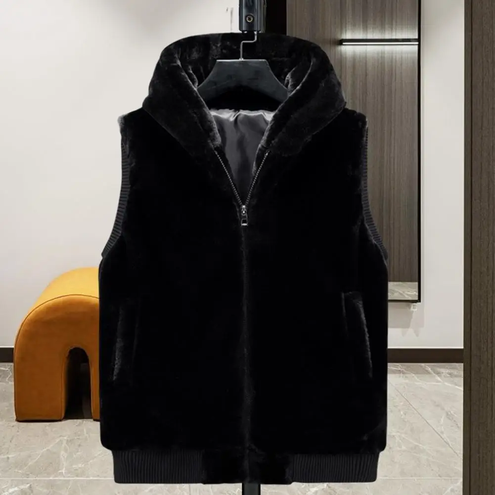 

Vest with Large Pockets Cozy Men's Winter Vest Plush Faux Fur Hooded Sleeveless Waistcoat with Zipper Closure Pockets Plus Size