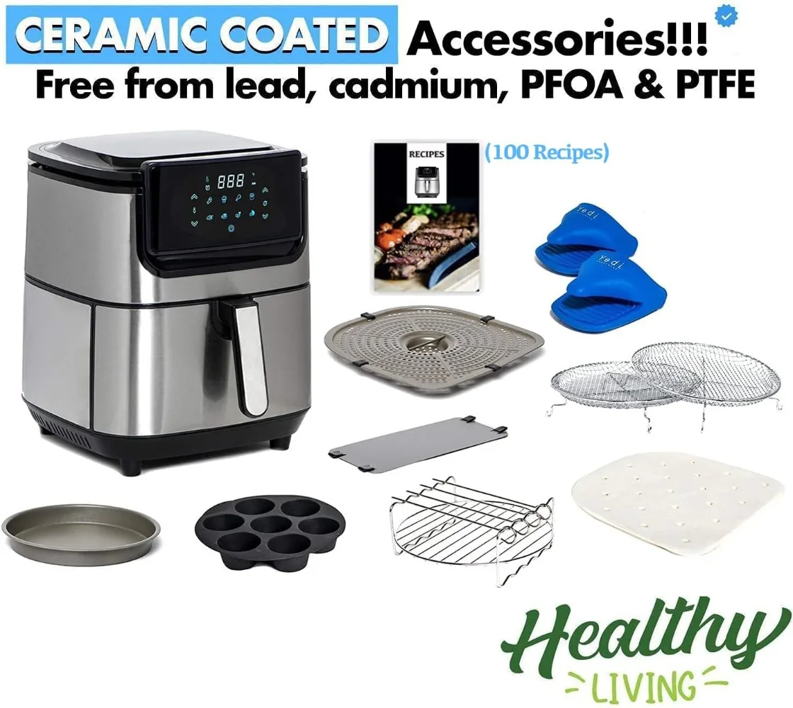 Evolution Air Fryer 6.8 Quart Stainless Steel Ceramic Cooking Basket with Deluxe Accessory Kit and Recipe Book