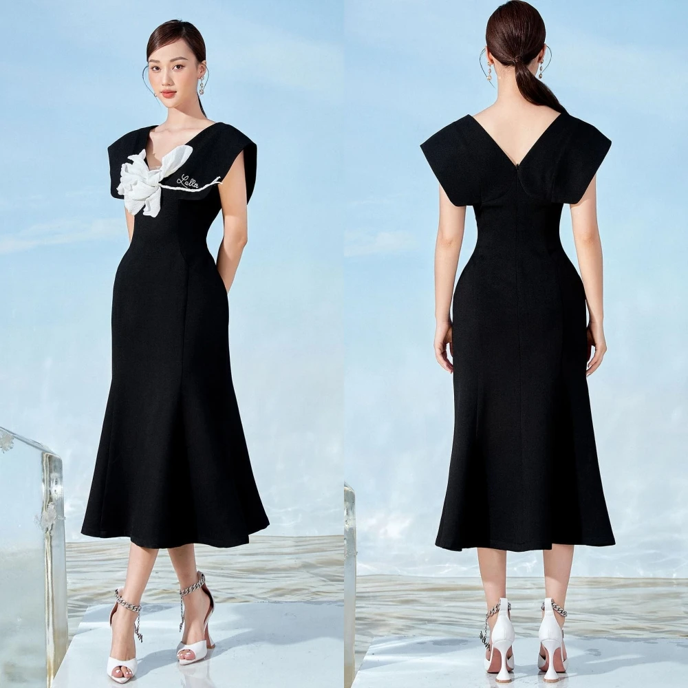 Jiayigong Jersey Draped Flower Clubbing A-line V-Neck Bespoke Occasion Gown Long Sleeve Dresses