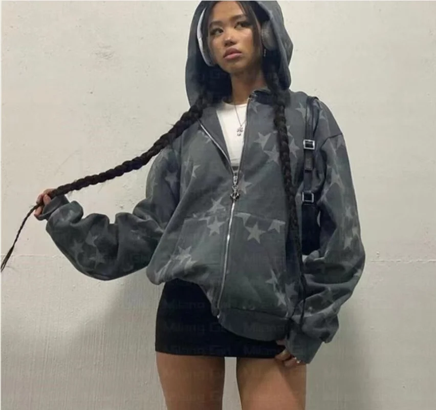 Women Vintage Star Print Hoodies Fashion Casual Zip Up Long Sleeve Loose Jacket Coats Men Hooded Sweatshirts Streetwear 2023