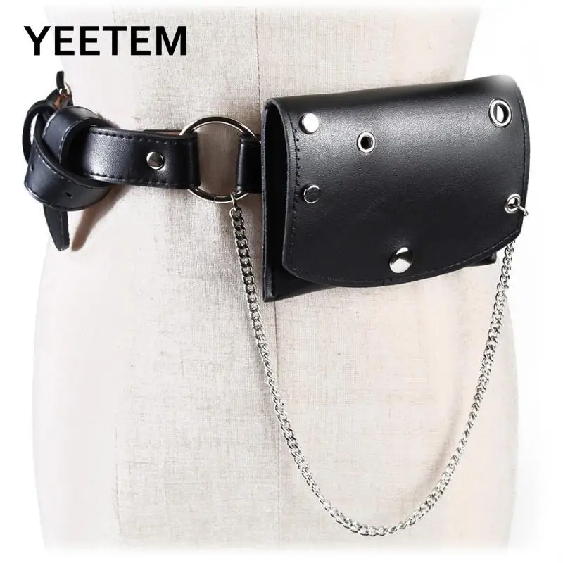 

Leather Waist Bags New Fashion Street Chain Rivets Solid Color Wild Small Fanny Pack Female Mini Casual Phone Belt Bags