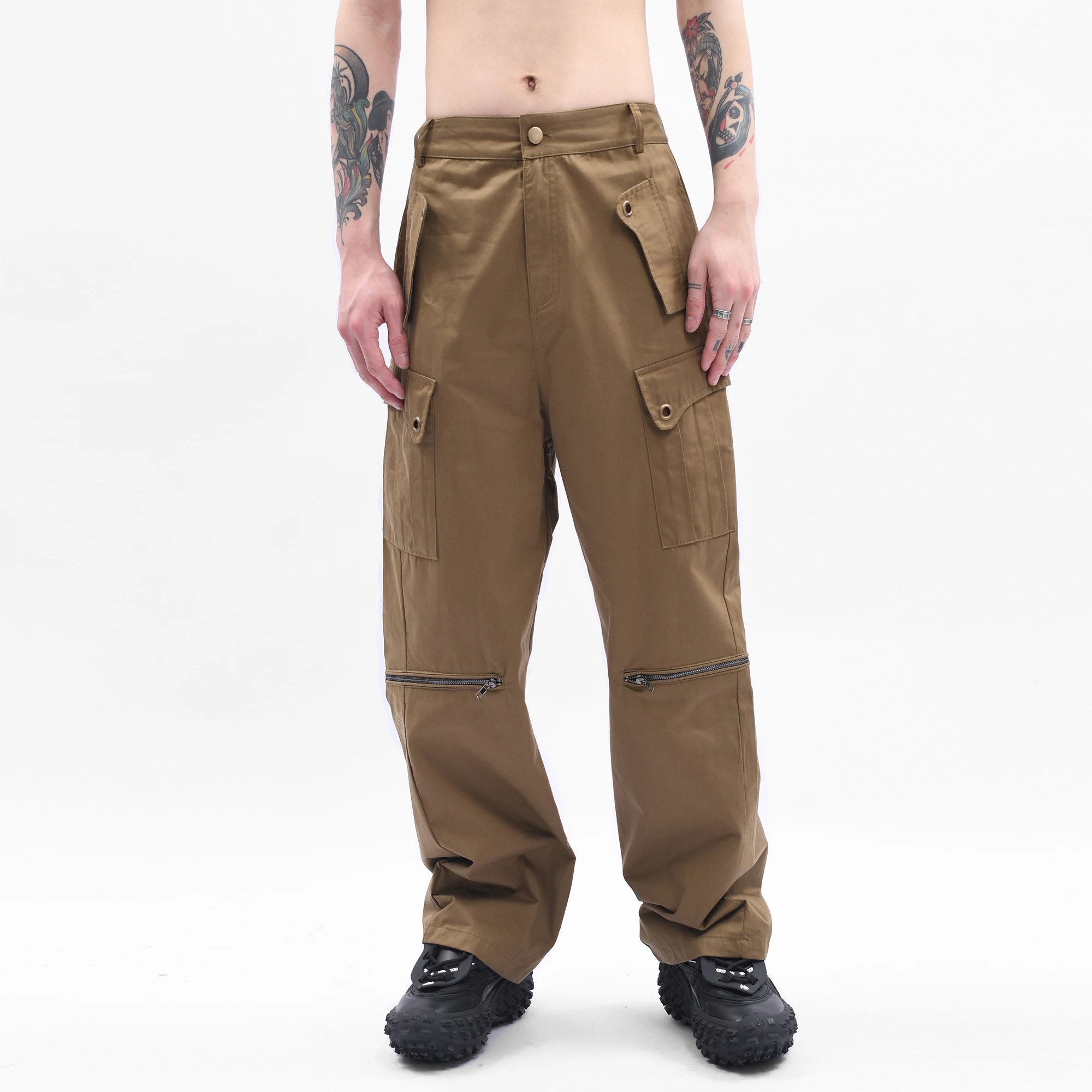 

Original Retro Personalized Large Pockets Zipper Up Cargo Trousers for Men and Women High Street Casual Straight Pants Overall