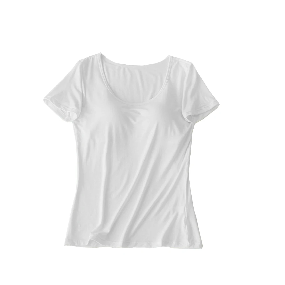 Ladies Autumn Short Sleeve Tops With Built In Bra Women Push Up Padded  Layer Solid Slim Fitting Tees Round Neck Elastic T Shirt