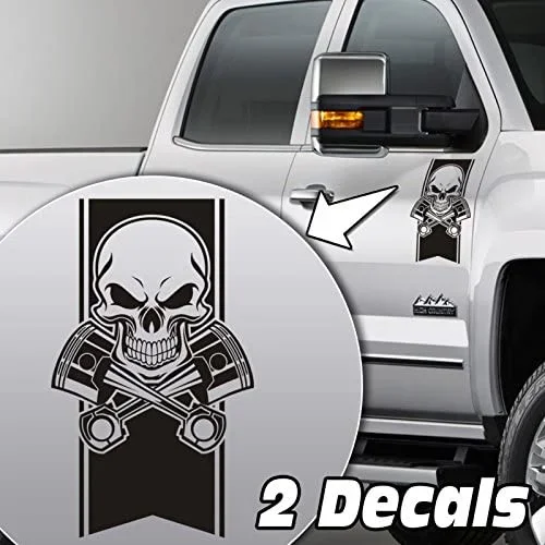 

Truck Door Decals - Skull and Pistons Stripes Universal Fit Matte Black Sticker Pair Left and Right