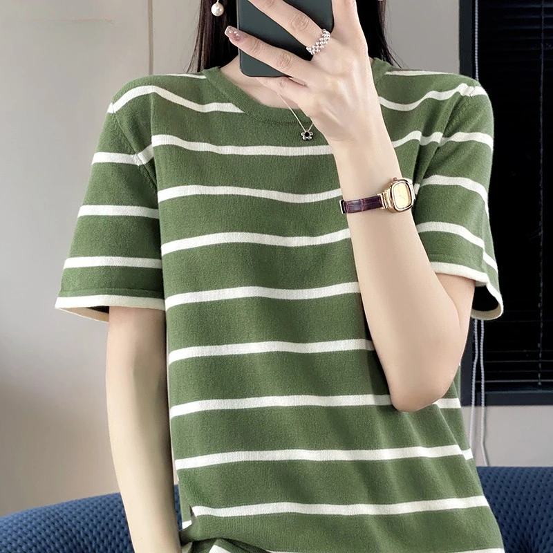 

Spring And Summer 100% Cotton Women's O-Neck Pullover Short Sleeve T-Shirt Striped Knitting Fashion Casual Spacious Top