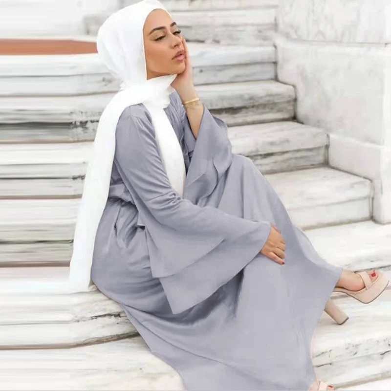 2023 Loose Dubai Turkey Abayas for Woman Muslim Fashion Satin Robe Femme Musulman Solid Color Double Flared Robe