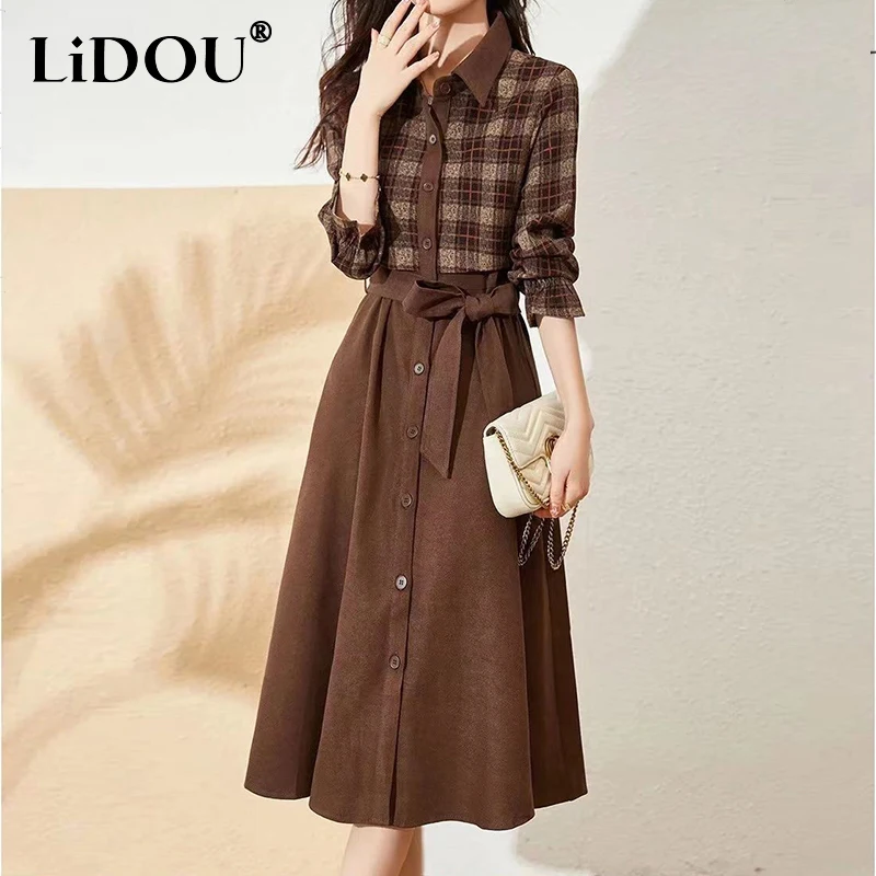 

Autumn Vintage Elegant Fashion Plaid Printed Dresses Women High Waist Patchwork Long Sleeve Belt Midi Dress Robe Femme Vestidos