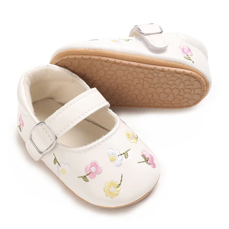 Baby Girls Mary Jane Flats PU Leather Infant Dress Shoes Floral Embroidery Princess Shoes 3