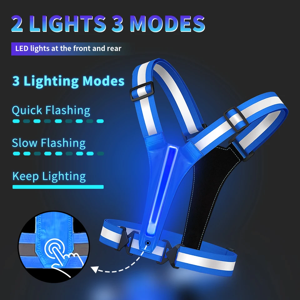 Fascia LED Lampeggiante Ricaricabile Per Corsa Notturna – Alta Visibilità, Strisce Riflettenti, 3 Modalità Di Luce, Portachiavi Integrato, Unisex, Impermeabile - 2