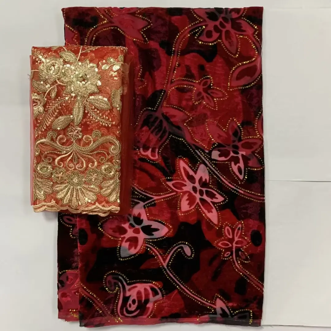 

2PCS Afrian Velvet Lace Fabric Burnout Silk Tulle Material And Sequin French Lace For Women Dress 5+2 Yards