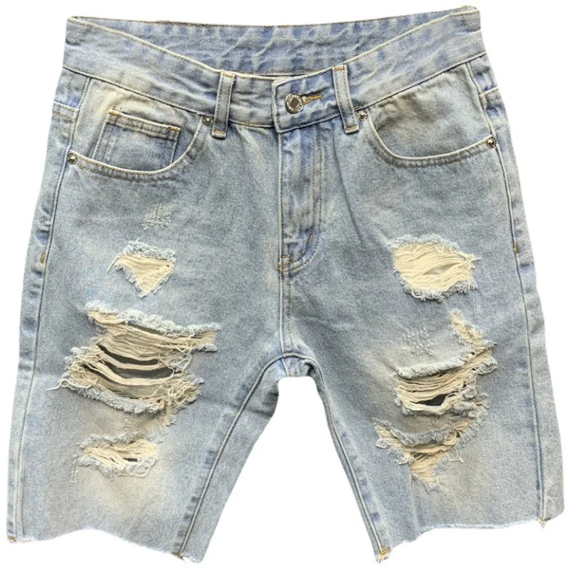 Summer Men's Ripped Denim Shorts Light Blue Knee Length Jeans Fashion Trend Raw Hem Beggar Pants Breeches Denim Shorts Summer Jeans Shorts
