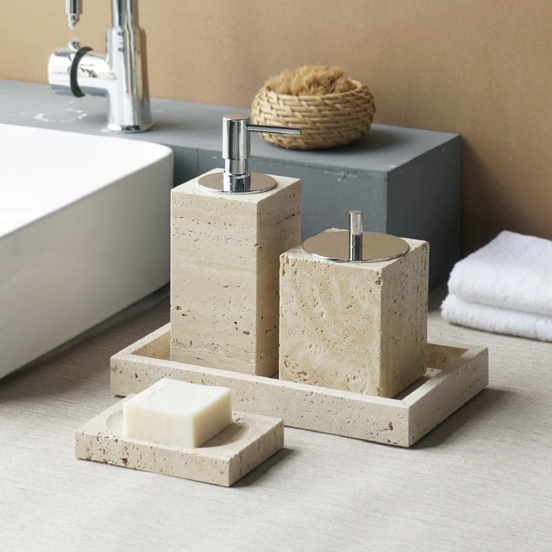 Beige Travertine Bathroom Accessories Set Natural Marble Soap Dispenser Soap Dish Reed Diffuser Vanity Tray