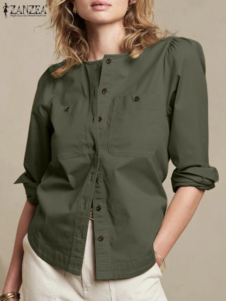 

ZANZEA Elegant Women Tops Stylish O Neck Solid Color Spring Blouse Long Sleeve Button Down Casual Loose Work Wear Chemise Shirt