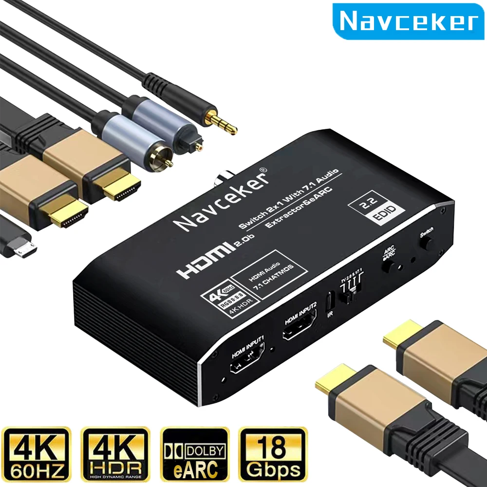 2X1 4K Hdmi Switch Earc Audio Extractor Con Arc & Optical Toslink Hdmi 2.0 Switch 4K 60Hz Hdmi Switcher Remote Per Apple Tv Ps4