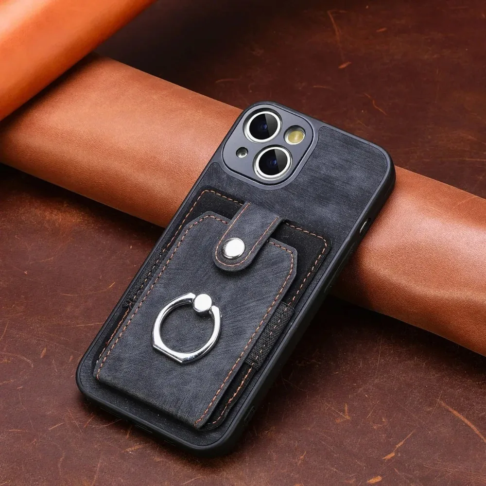 Magnetic Finger Ring Holder Phone Case with Wallet Card Slot and PU Leather Cover